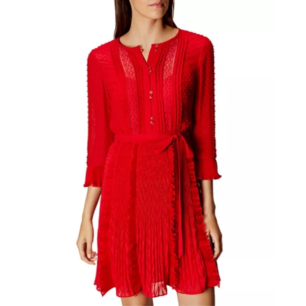 Karen Millen Red Long Sleeve Pleated Midi Dress